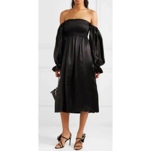 Sleeper Altalnta Dress 100% Silk Black Smocked Puff Sleeve Midi Dress S